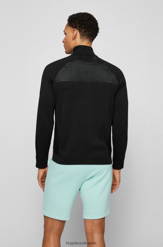 4TFNJN1753 أسود Hugo Boss سترة سوداء من القطن العضوي برقبة بسحاب مع خطوط بلونين