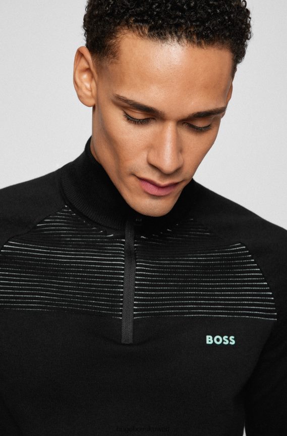 4TFNJN1753 أسود Hugo Boss سترة سوداء من القطن العضوي برقبة بسحاب مع خطوط بلونين