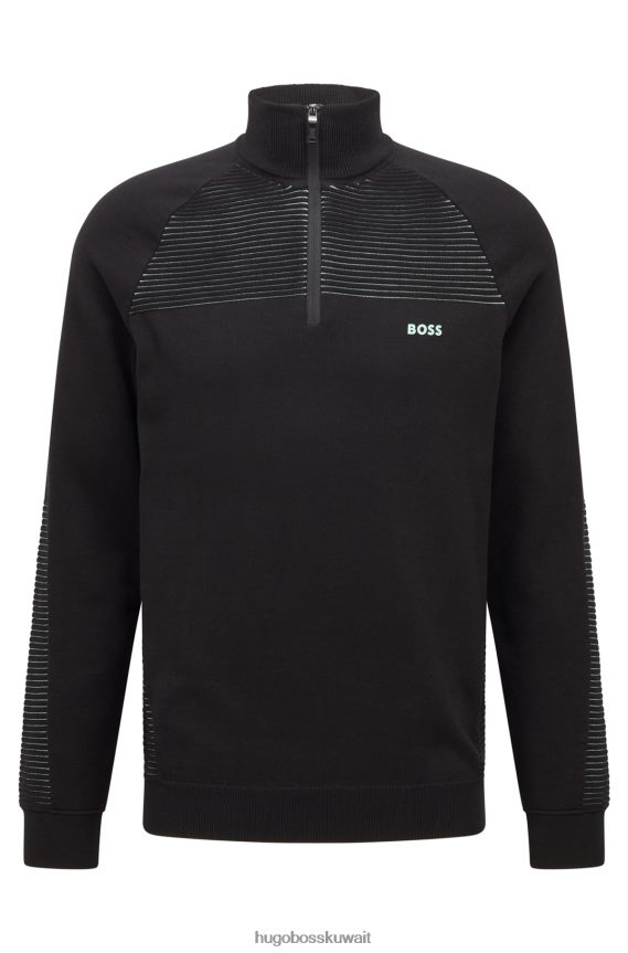 4TFNJN1753 أسود Hugo Boss سترة سوداء من القطن العضوي برقبة بسحاب مع خطوط بلونين