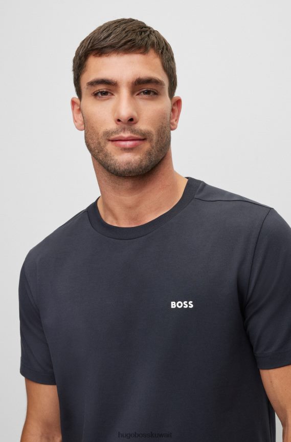 4TFNJN1755 أزرق غامق Hugo Boss تيشيرت هوغو من القطن المطاطي باللون الأزرق الداكن مع شعار متباين