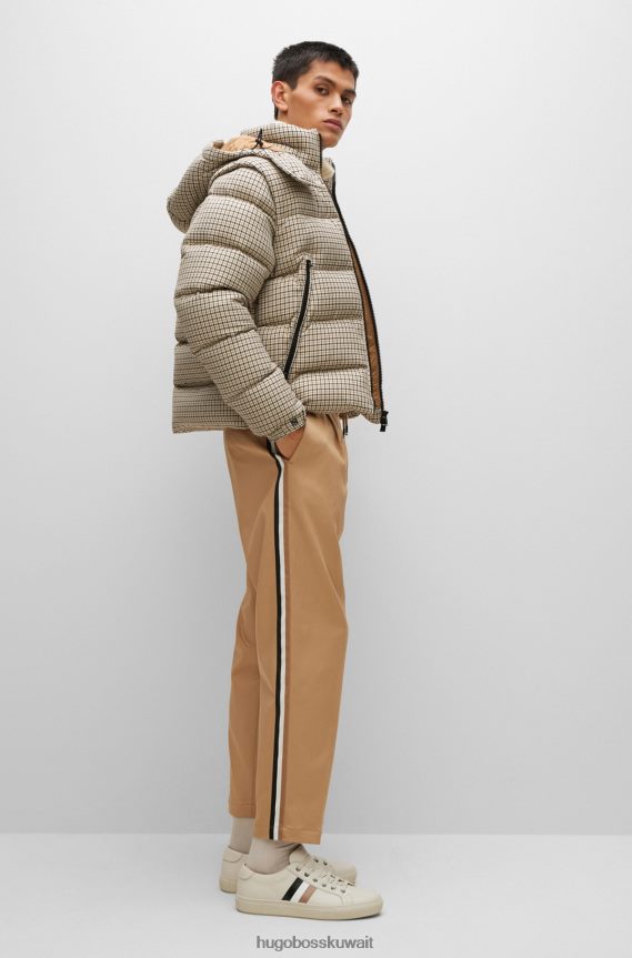 4TFNJN1763 اللون البيج Hugo Boss سترة هوغو بنمط هاوندزتوث مع غطاء رأس وأكمام قابلة للإزالة باللون البيج