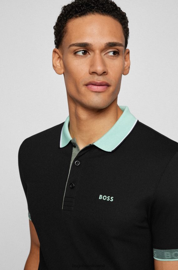4TFNJN1771 أسود Hugo Boss قميص بولو أسود بقصة ضيقة مع تفاصيل شعار Hugo