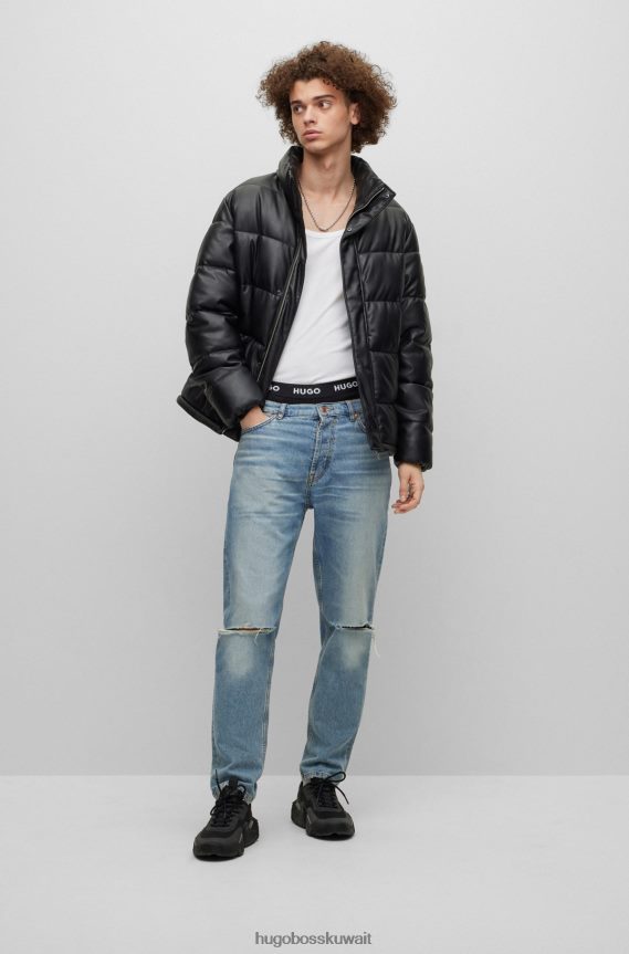 4TFNJN1772 أسود Hugo Boss سترة منتفخة من الجلد الصناعي مع شعار هوغو أسود مؤطر