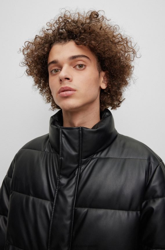 4TFNJN1772 أسود Hugo Boss سترة منتفخة من الجلد الصناعي مع شعار هوغو أسود مؤطر