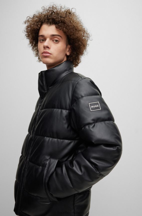 4TFNJN1772 أسود Hugo Boss سترة منتفخة من الجلد الصناعي مع شعار هوغو أسود مؤطر
