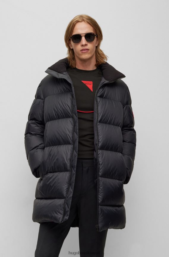 4TFNJN1791 أسود Hugo Boss معطف منتفخ أسود مقاوم للماء مع شعار هوغو باللون الأحمر
