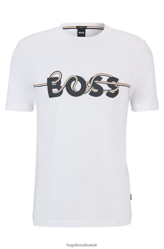 4TFNJN1792 أبيض Hugo Boss تي شيرت من الجيرسي القطني بقصة ضيقة مع شعار عمل فني باللون الأبيض
