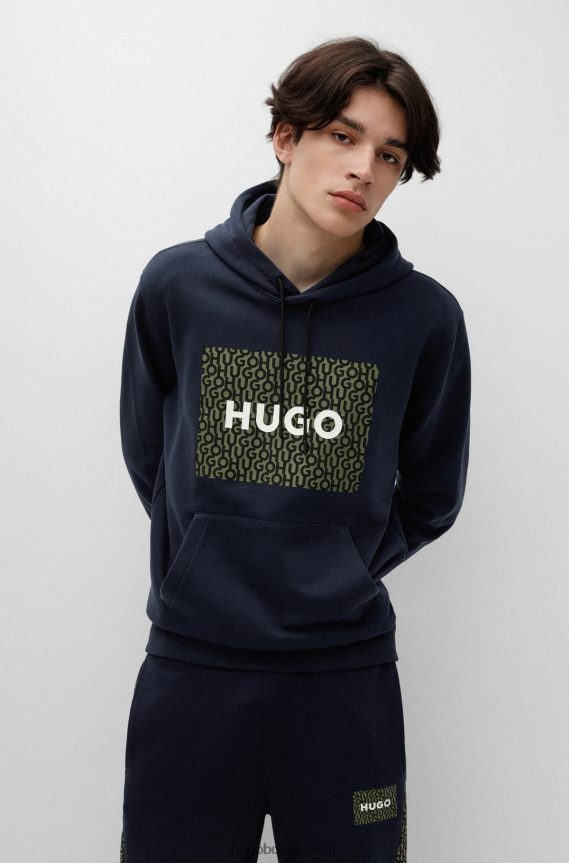 4TFNJN1801 أزرق غامق Hugo Boss هودي بغطاء للرأس مريح من Hugo مصنوع من قماش تيري الفرنسي مع طباعة الشعار باللون الأزرق الداكن