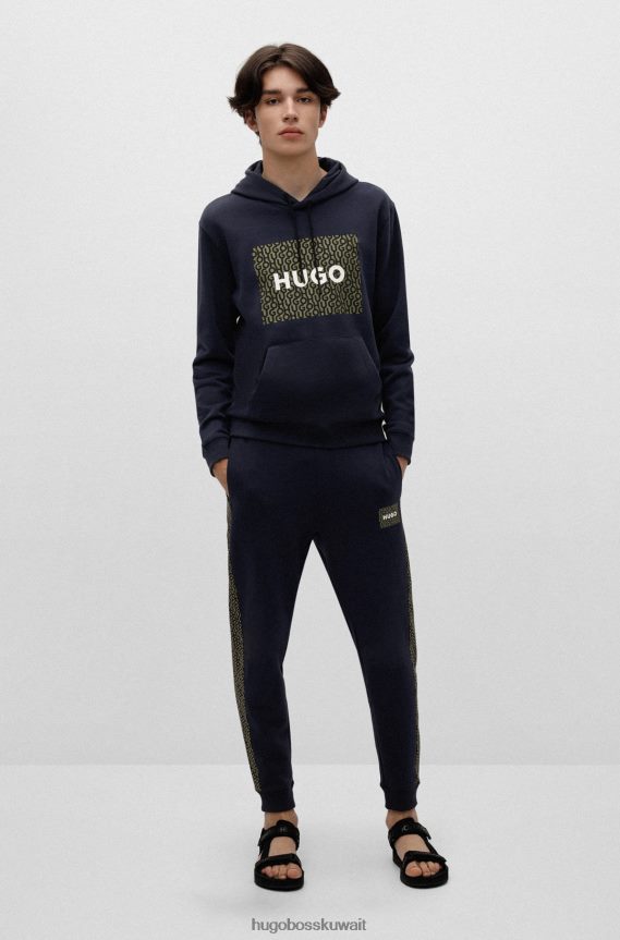 4TFNJN1801 أزرق غامق Hugo Boss هودي بغطاء للرأس مريح من Hugo مصنوع من قماش تيري الفرنسي مع طباعة الشعار باللون الأزرق الداكن