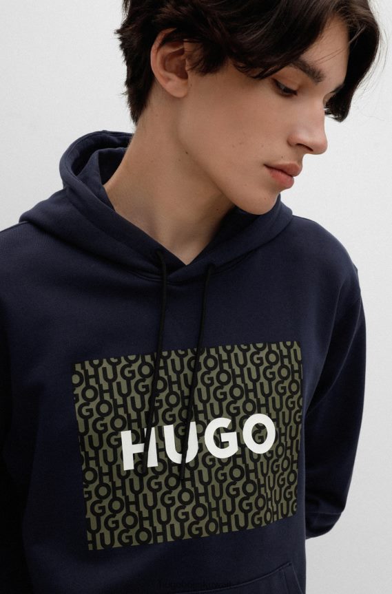 4TFNJN1801 أزرق غامق Hugo Boss هودي بغطاء للرأس مريح من Hugo مصنوع من قماش تيري الفرنسي مع طباعة الشعار باللون الأزرق الداكن