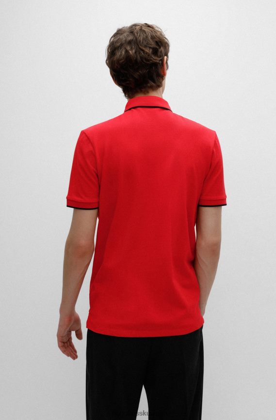 4TFNJN1809 أحمر Hugo Boss قميص بولو من Hugo مصنوع من قطن بيكيه © بقصة ضيقة مع شعار أحمر اللون