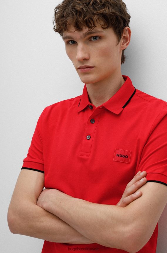 4TFNJN1809 أحمر Hugo Boss قميص بولو من Hugo مصنوع من قطن بيكيه © بقصة ضيقة مع شعار أحمر اللون