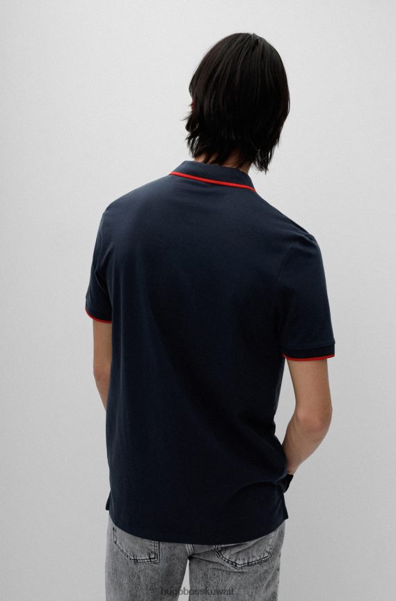 4TFNJN1810 أزرق غامق Hugo Boss قميص بولو من قطن بيكيه © بقصة ضيقة مع شعار هوغو باللون الأحمر والأزرق الداكن
