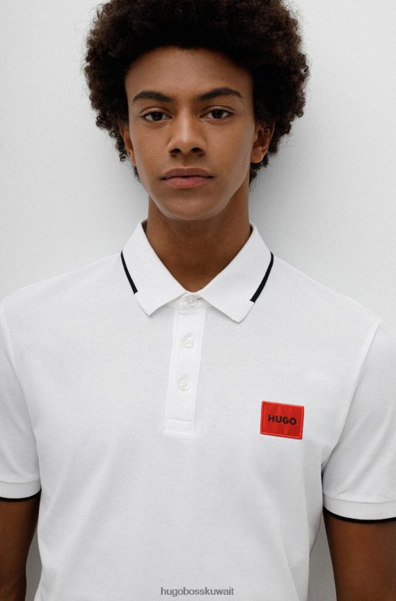 4TFNJN1812 أبيض Hugo Boss قميص بولو من قطن بيكيه© بقصة ضيقة مع شعار باللون الأحمر وأبيض