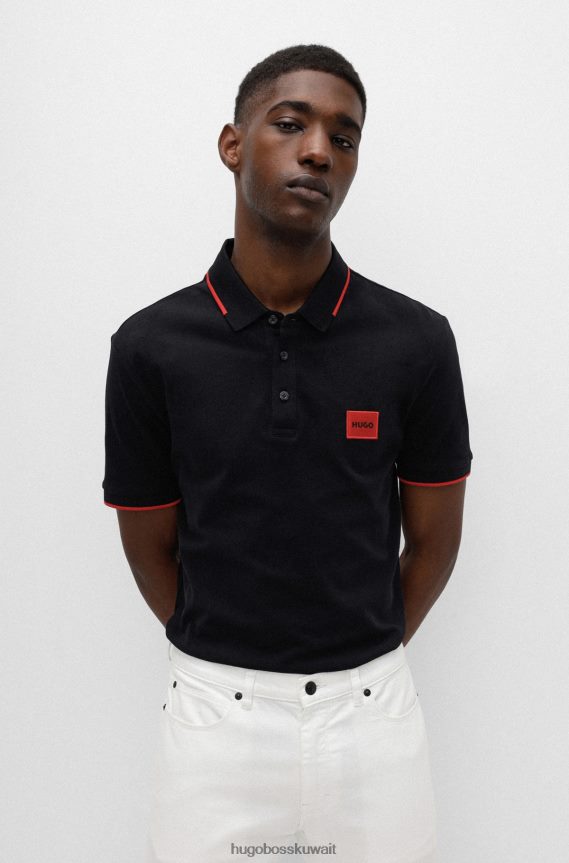 4TFNJN1813 أسود Hugo Boss قميص بولو أسود من قطن بيكيه © من Hugo بقصة ضيقة مع ملصق شعار أحمر