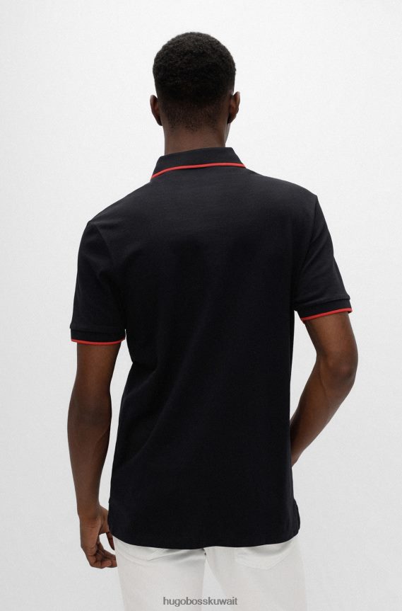 4TFNJN1813 أسود Hugo Boss قميص بولو أسود من قطن بيكيه © من Hugo بقصة ضيقة مع ملصق شعار أحمر