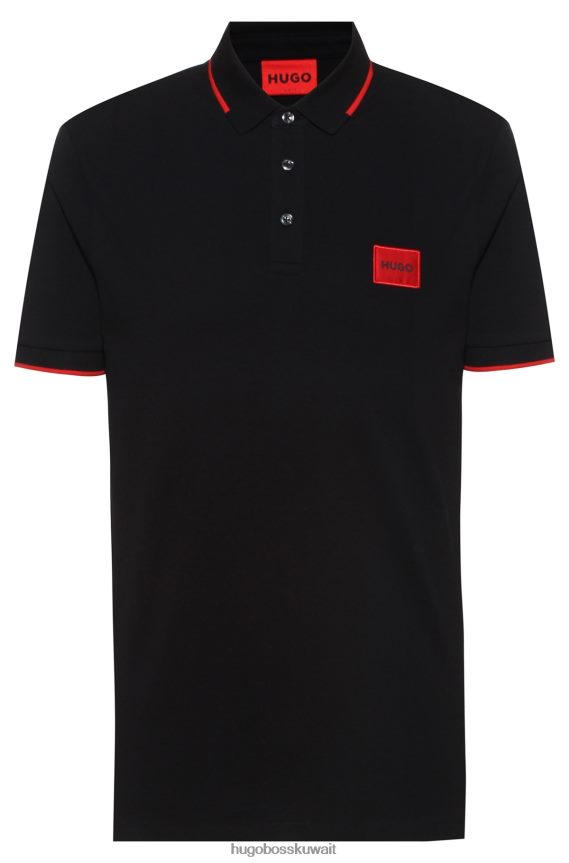 4TFNJN1813 أسود Hugo Boss قميص بولو أسود من قطن بيكيه © من Hugo بقصة ضيقة مع ملصق شعار أحمر