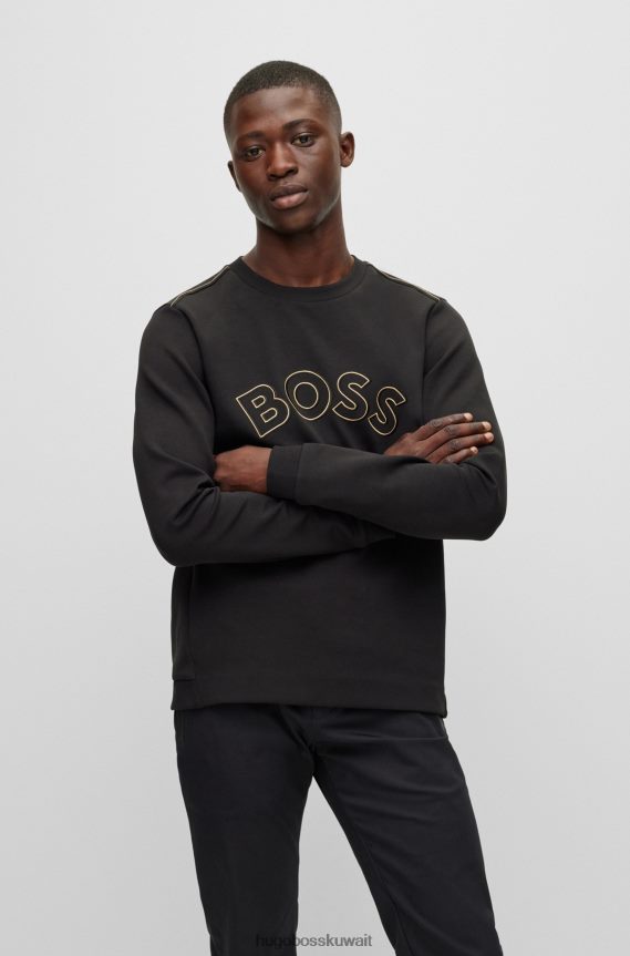 4TFNJN1817 أسود Hugo Boss سويت شيرت أسود من مزيج القطن بقصة عادية مع عمل فني شبكي