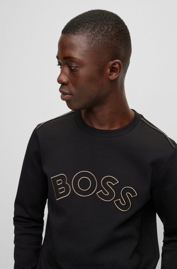 4TFNJN1817 أسود Hugo Boss سويت شيرت أسود من مزيج القطن بقصة عادية مع عمل فني شبكي