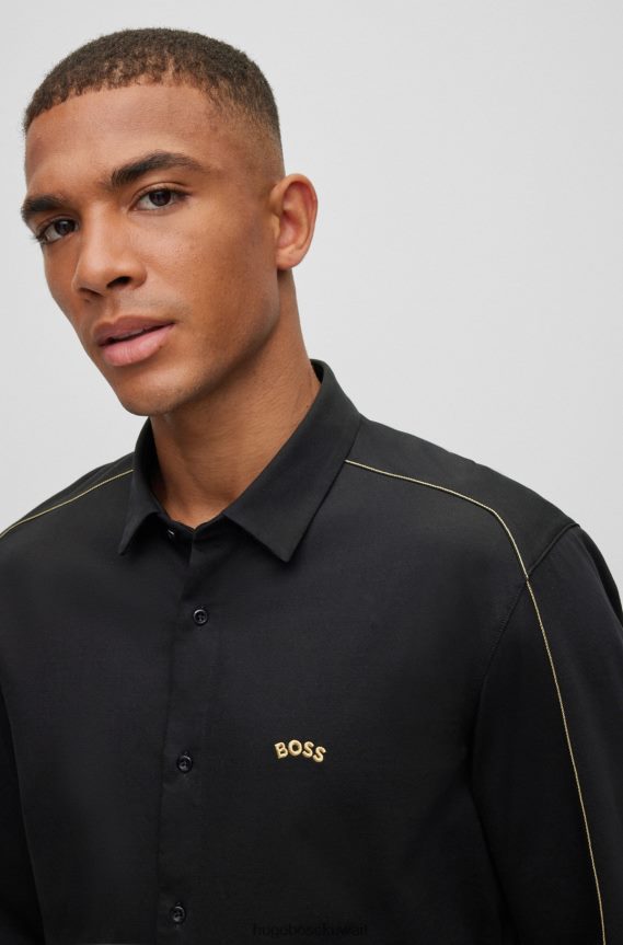 4TFNJN1837 أسود Hugo Boss قميص بقصة عادية مصنوع من مزيج القطن بيكيه © هوغو باللون الأسود