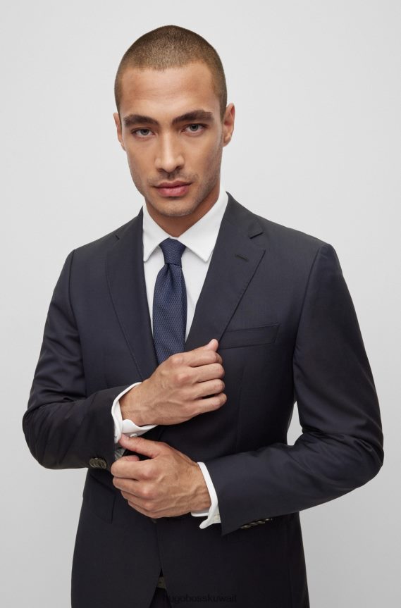 4TFNJN1840 أزرق غامق Hugo Boss بدلة Hugo ذات المقاس العادي من الصوف البكر المنقوش باللون الأزرق الداكن