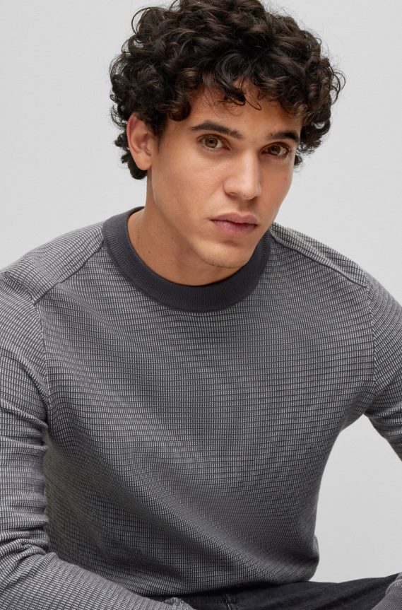 4TFNJN1845 رمادي Hugo Boss سترة هوغو من القطن والكشمير باللون الرمادي مع هيكل ثنائي اللون