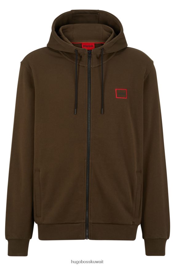 4TFNJN1849 أخضر غامق Hugo Boss سترة بغطاء للرأس بسحاب من قماش تيري الفرنسي مع شعار هوغو بإطار باللون الأخضر الداكن