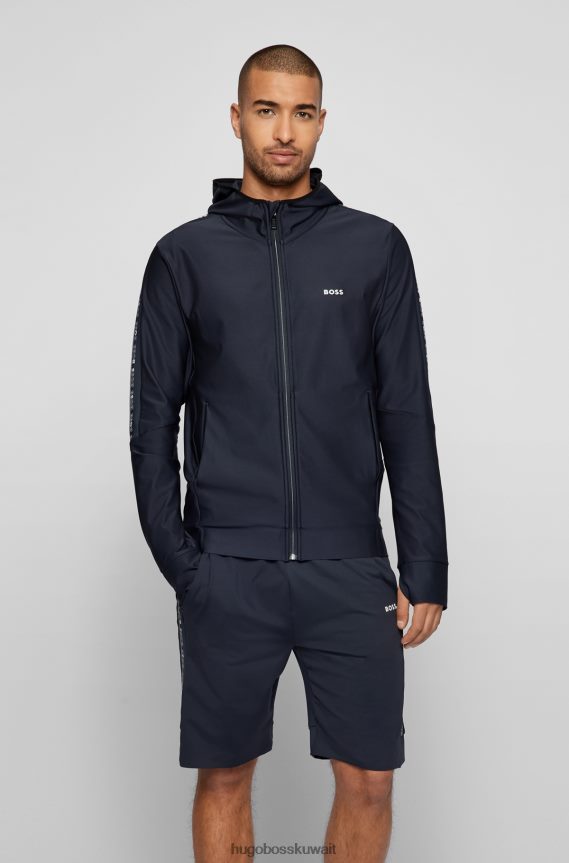 4TFNJN1852 أزرق غامق Hugo Boss هودي بغطاء للرأس بسحاب مع شريط شعار باللون الأزرق الداكن