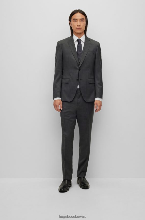 4TFNJN1853 أسود Hugo Boss بدلة ضيقة مكونة من ثلاث قطع مصنوعة من الصوف المطاطي المنقوش باللون الأسود