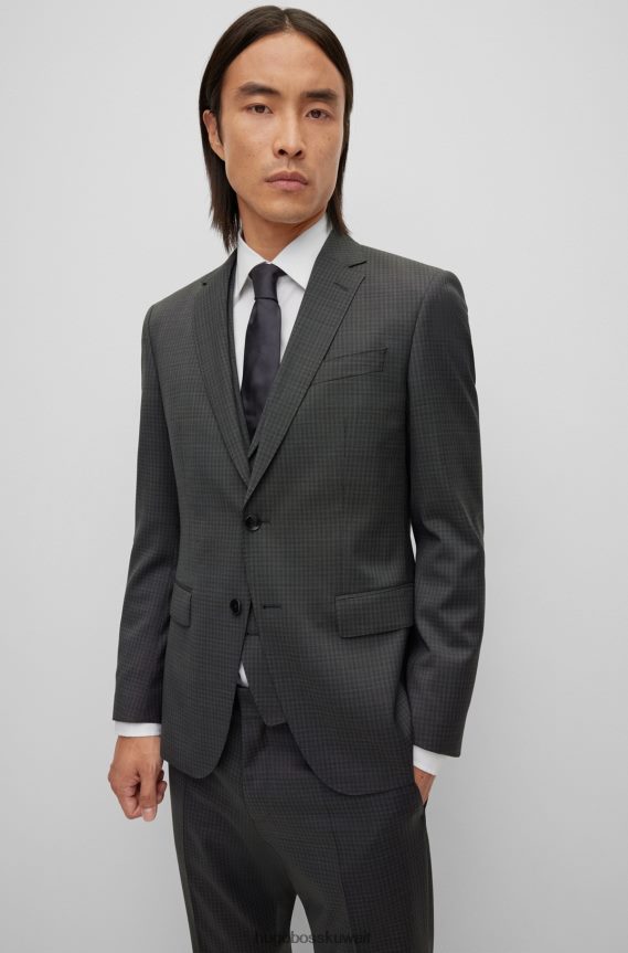 4TFNJN1853 أسود Hugo Boss بدلة ضيقة مكونة من ثلاث قطع مصنوعة من الصوف المطاطي المنقوش باللون الأسود