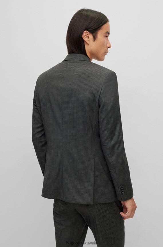 4TFNJN1853 أسود Hugo Boss بدلة ضيقة مكونة من ثلاث قطع مصنوعة من الصوف المطاطي المنقوش باللون الأسود