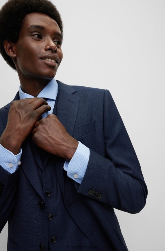 4TFNJN1862 أزرق غامق Hugo Boss بدلة Hugo باللون الأزرق الداكن مكونة من ثلاث قطع من الصوف البكر بنقش صغير