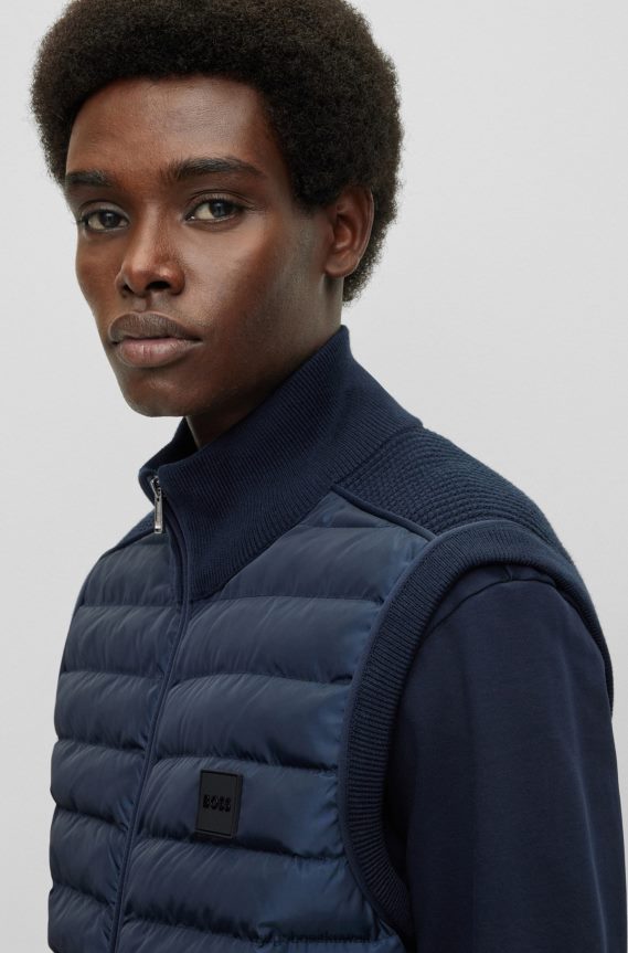 4TFNJN1868 أزرق غامق Hugo Boss سترة هوغو مبطنة من مواد مختلطة باللون الأزرق الداكن مع رقعة الشعار