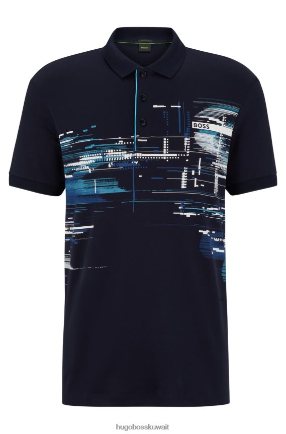 4TFNJN1869 أزرق غامق Hugo Boss قميص بولو Hugo من القطن المتشابك ذو المقاس العادي مع عمل فني موسمي باللون الأزرق الداكن