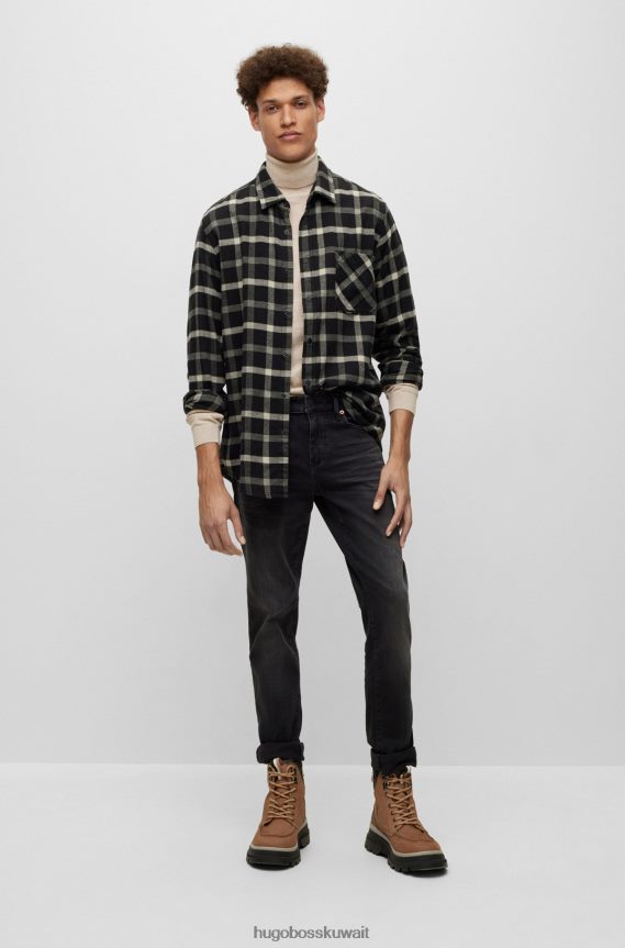 4TFNJN1875 أسود Hugo Boss قميص Hugo ذو المقاس العادي مصنوع من قماش الفانيلا المصنوع من القطن العضوي باللون الأسود