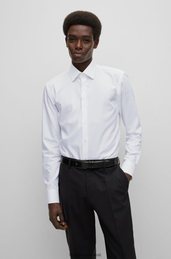 4TFNJN1877 أبيض Hugo Boss قميص أبيض بقصة ضيقة من قماش البوبلين القطني سهل الكي