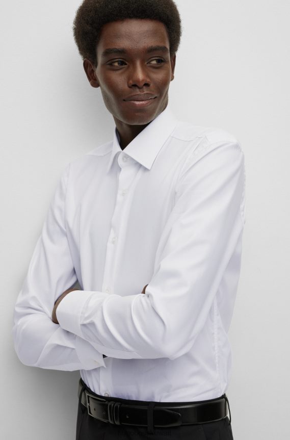 4TFNJN1877 أبيض Hugo Boss قميص أبيض بقصة ضيقة من قماش البوبلين القطني سهل الكي