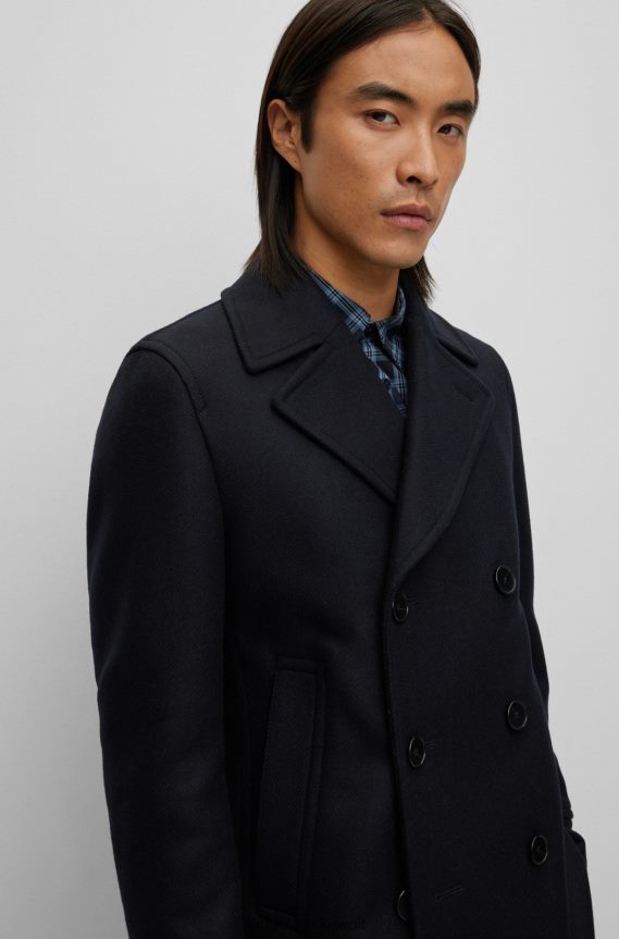 4TFNJN1879 أزرق غامق Hugo Boss معطف هوغو من مزيج صوف هوغو باللون الأزرق الداكن ذو قصة ضيقة مع إغلاق مزدوج الصدر
