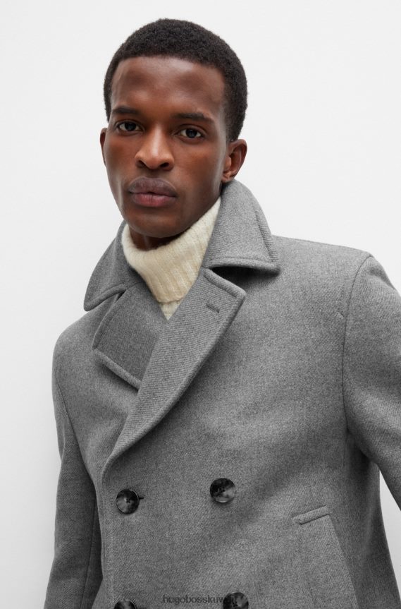 4TFNJN1880 رمادي Hugo Boss معطف هوغو من مزيج الصوف الرمادي ذو قصة ضيقة مع إغلاق مزدوج الصدر