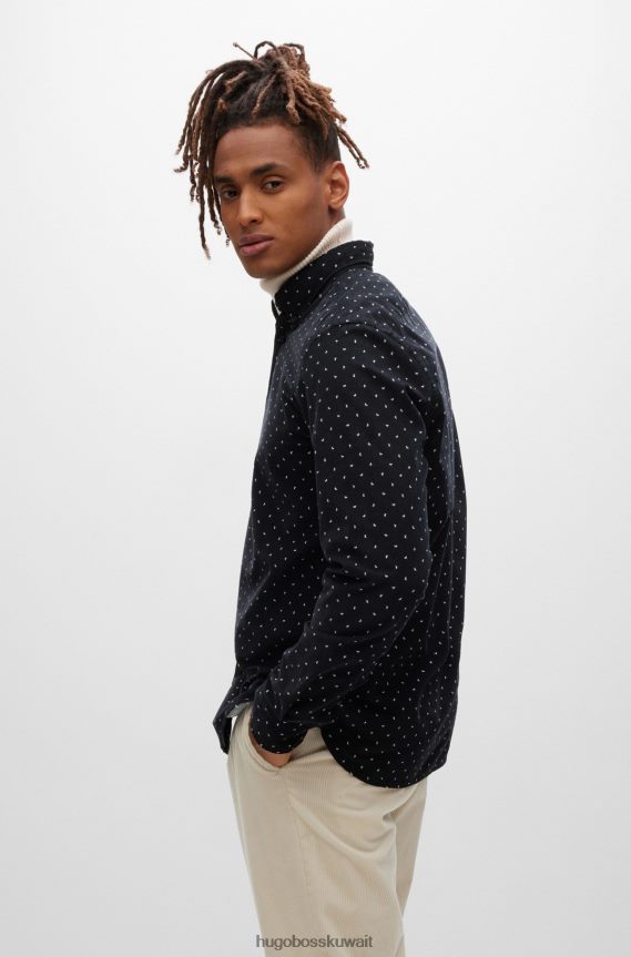 4TFNJN1886 أسود Hugo Boss قميص Hugo أسود بقصة عادية مصنوع من قطن سروال قصير منقوش