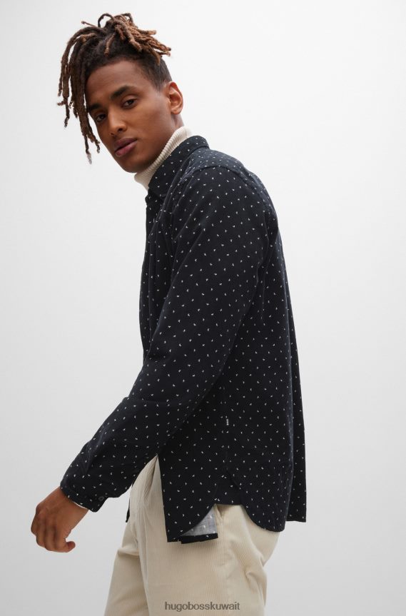 4TFNJN1886 أسود Hugo Boss قميص Hugo أسود بقصة عادية مصنوع من قطن سروال قصير منقوش