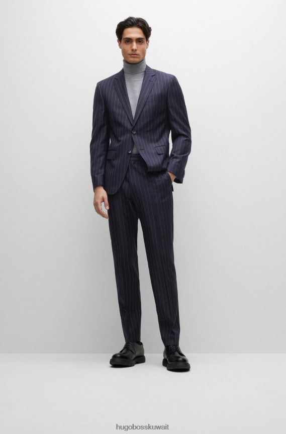 4TFNJN1896 أزرق غامق Hugo Boss بدلة ضيقة من الصوف البكر المقلم هوغو باللون الأزرق الداكن