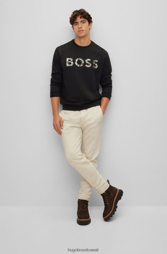 4TFNJN1897 أسود Hugo Boss سويت شيرت هوغو أسود من قطن تيري بقصة عادية مع شعار منقوش