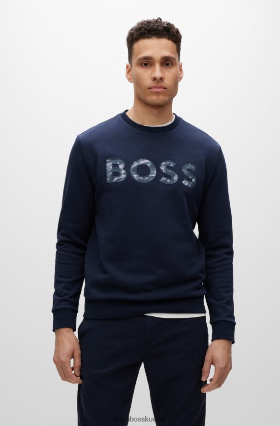 4TFNJN1898 أزرق غامق Hugo Boss سويت شيرت هوغو من قطن تيري باللون الأزرق الداكن بقصة عادية مع شعار منقوش