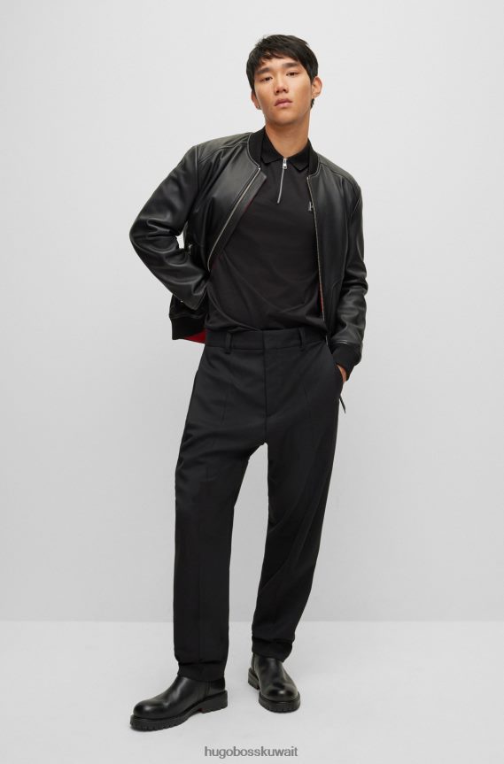 4TFNJN1900 أسود Hugo Boss قميص بولو من القطن المرسيري مع رقبة بسحاب وشعار هوغو أسود بإطار