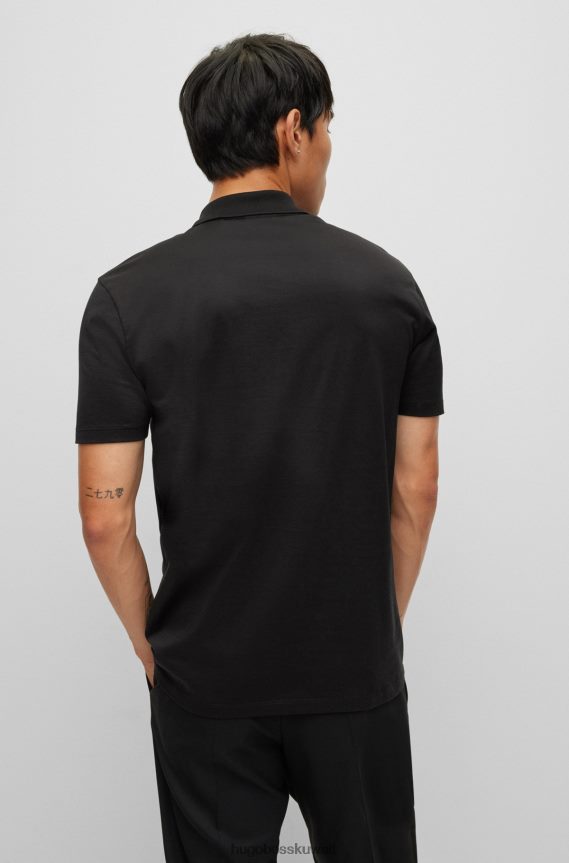 4TFNJN1900 أسود Hugo Boss قميص بولو من القطن المرسيري مع رقبة بسحاب وشعار هوغو أسود بإطار