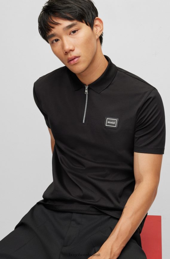 4TFNJN1900 أسود Hugo Boss قميص بولو من القطن المرسيري مع رقبة بسحاب وشعار هوغو أسود بإطار