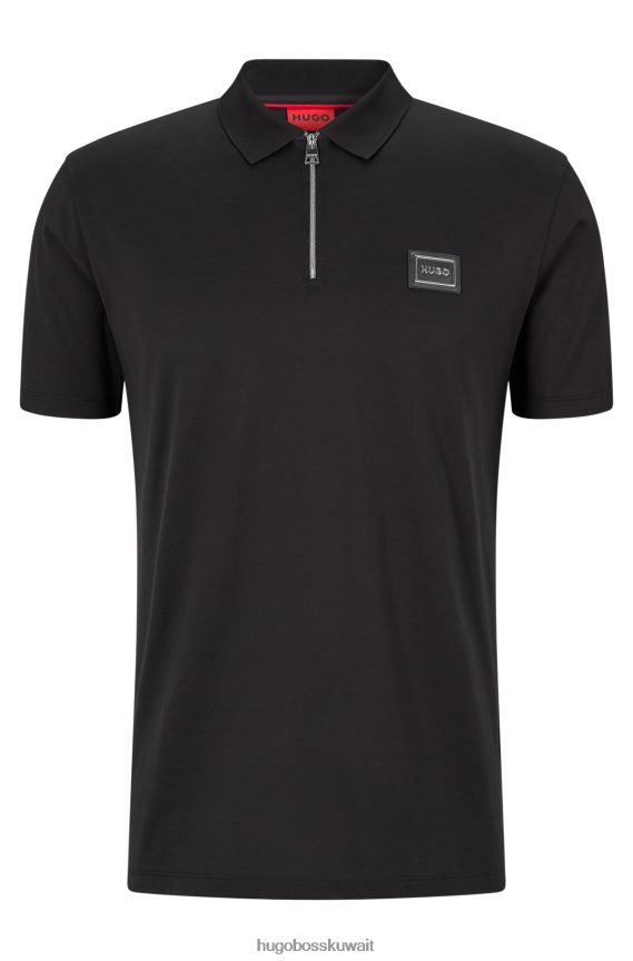 4TFNJN1900 أسود Hugo Boss قميص بولو من القطن المرسيري مع رقبة بسحاب وشعار هوغو أسود بإطار