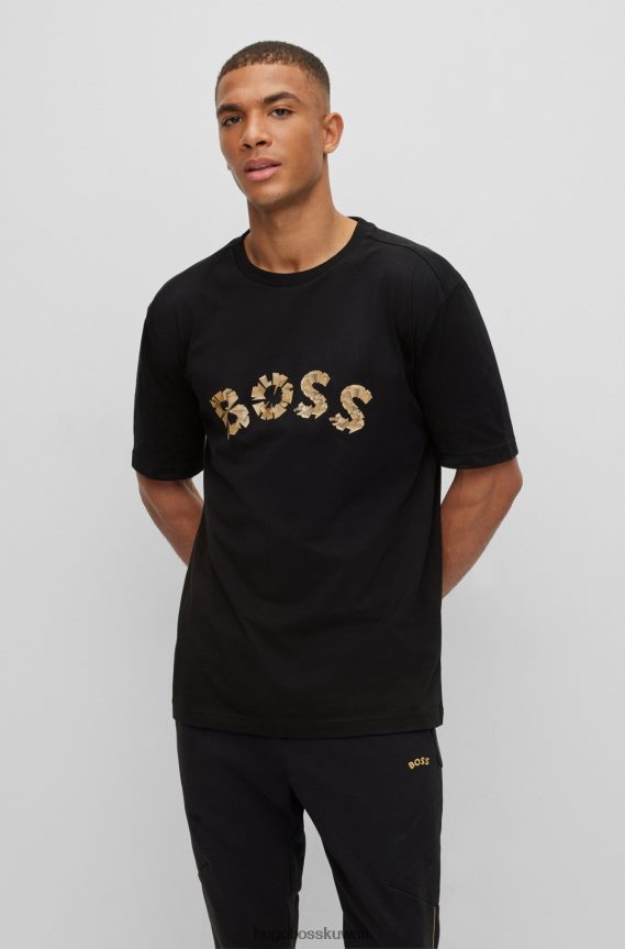 4TFNJN1901 أسود Hugo Boss تيشيرت من الجيرسي القطني باللون الأسود مع شعار هوغو منحني بتأثير معدني