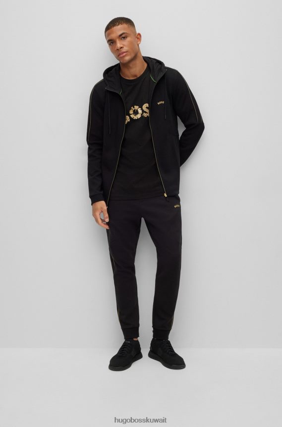 4TFNJN1901 أسود Hugo Boss تيشيرت من الجيرسي القطني باللون الأسود مع شعار هوغو منحني بتأثير معدني